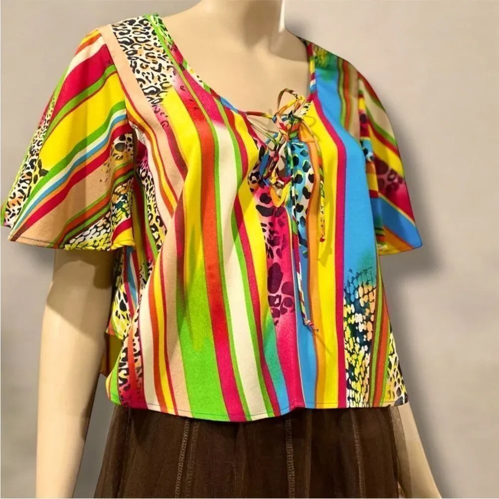 Multicolor Short Sleeve Stripes Animal Print High Low Crop Top - NWT